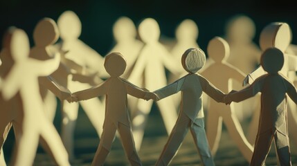 A group of paper cutouts forming human figures, all connected by holding hands