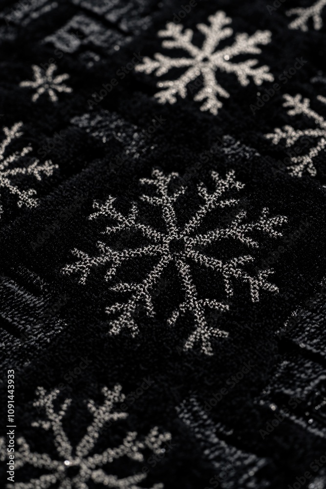 Poster a close-up shot of a black and white snowflake-patterned rug