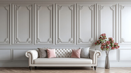 Fototapeta premium Elegant light grey wall with detailed molding and stylish sofa adorned with pink cushions, complemented by floral arrangement in vase