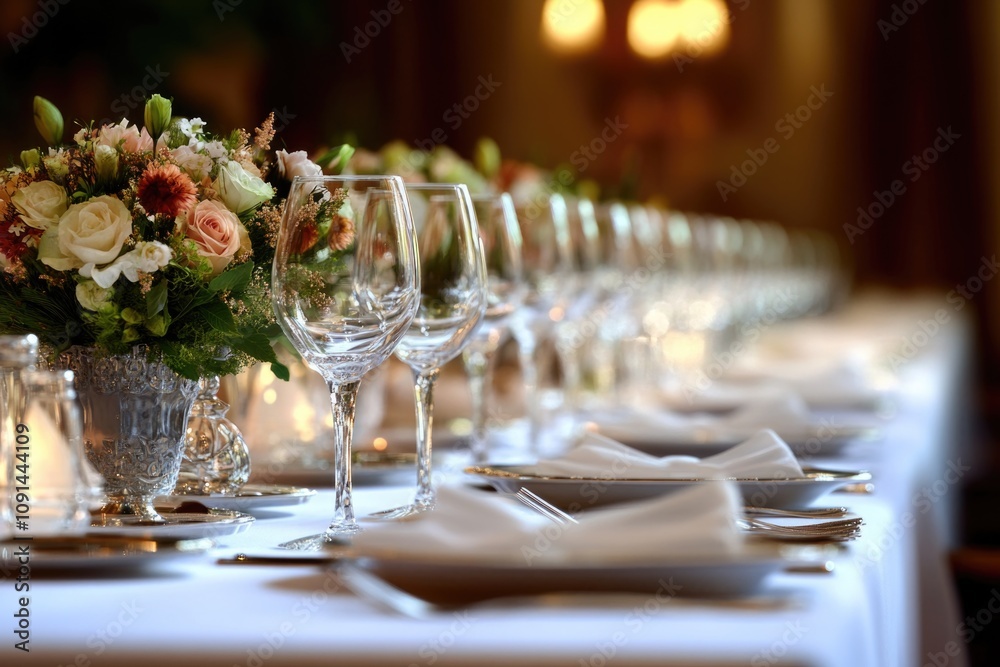 Poster a table filled with various wine glasses and bottles, perfect for wine tastings or events