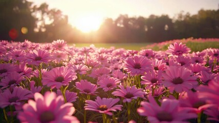 Meadow with Blooming Pink Daisies