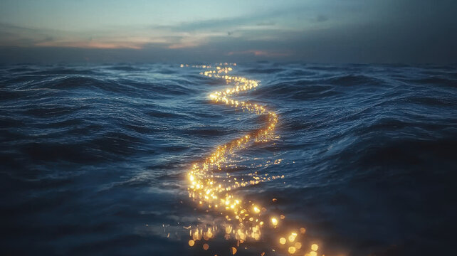 mesmerizing view of glowing underwater cables illuminating ocean waves, creating magical pathway through water. scene captures beauty of technology and nature combined