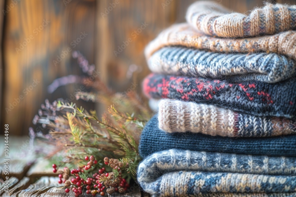 Aufkleber a stack of sweaters placed neatly on a wooden table