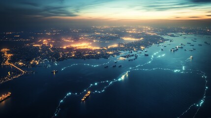 Coastal regions are brighter, indicating more data movement or connectivity through major ports and economic centers.