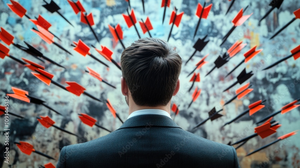 Poster A suited professional examining arrows, possibly considering navigation or strategy options