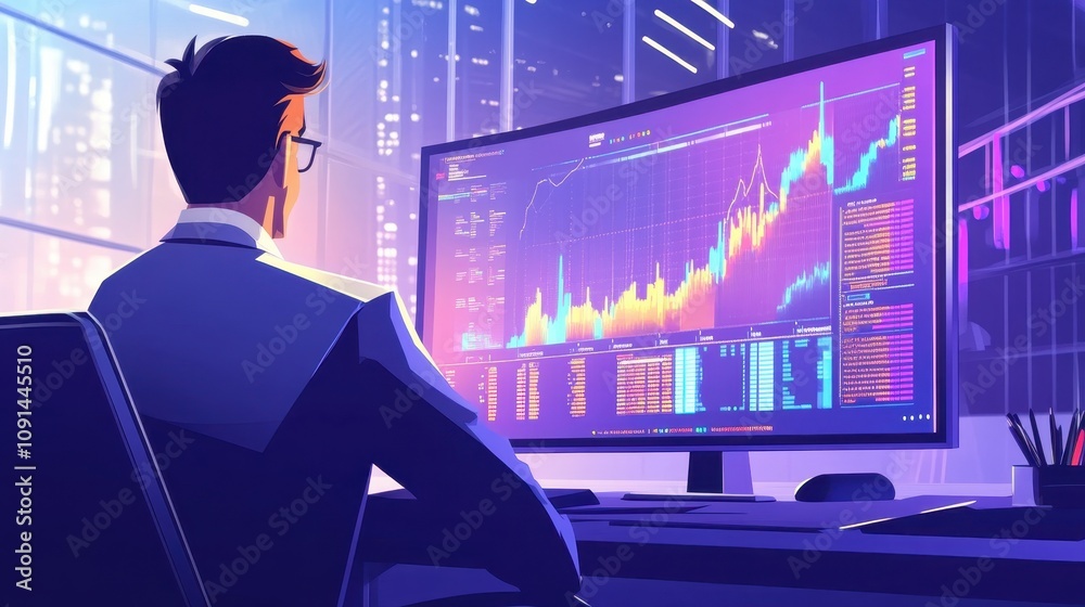 Poster a man is sitting in front of a computer monitor with a graph on it
