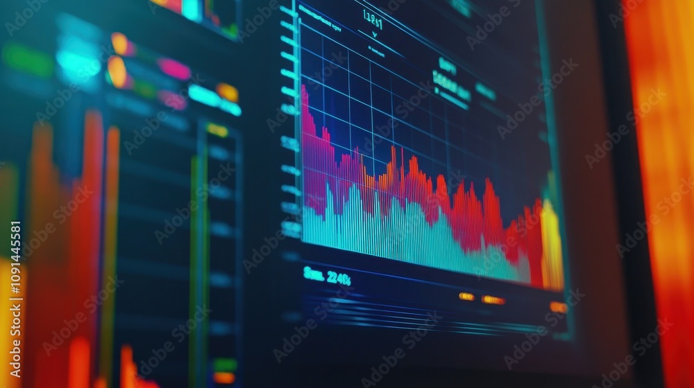 Poster a computer monitor displays a graph with a red line at the bottom