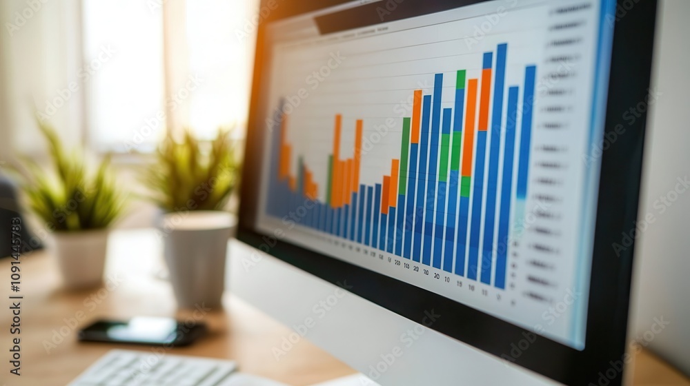 Poster a computer monitor displays a graph with a green bar on the right