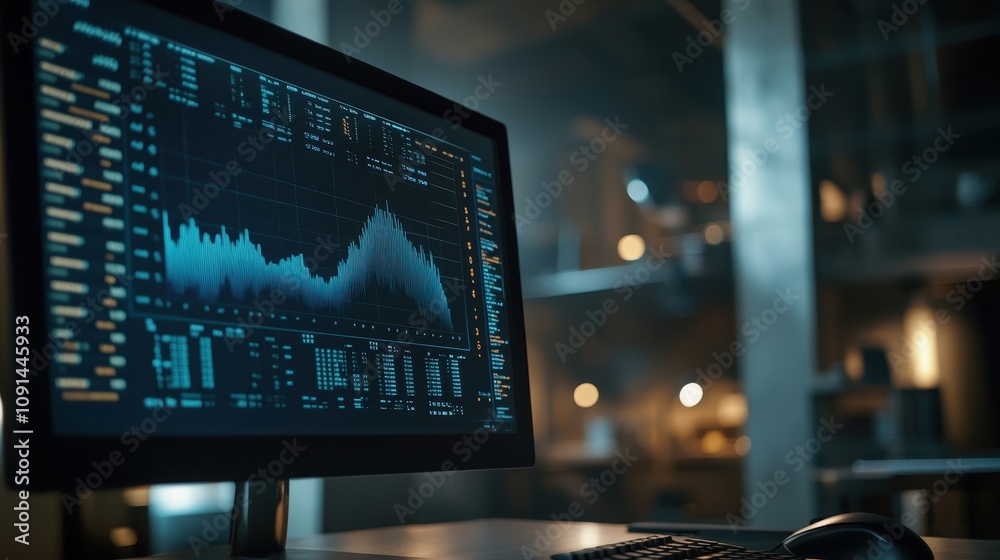 Poster a computer monitor displays a graph with a lot of numbers and lines