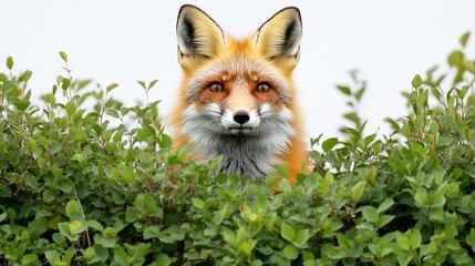 Obraz premium A fox peeks over a hedge, showcasing its vibrant fur and curious expression.