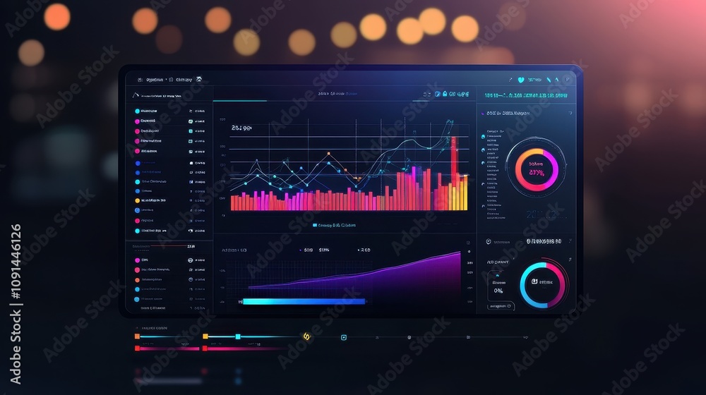 Poster a computer monitor displays a colorful graph with a purple circle on the right
