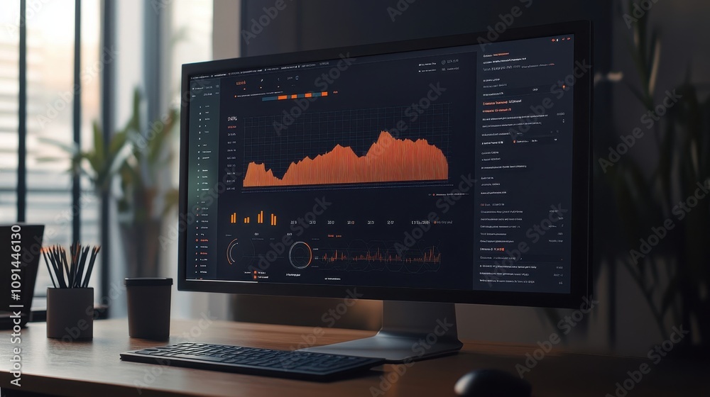 Poster a computer monitor displays a graph with a red line