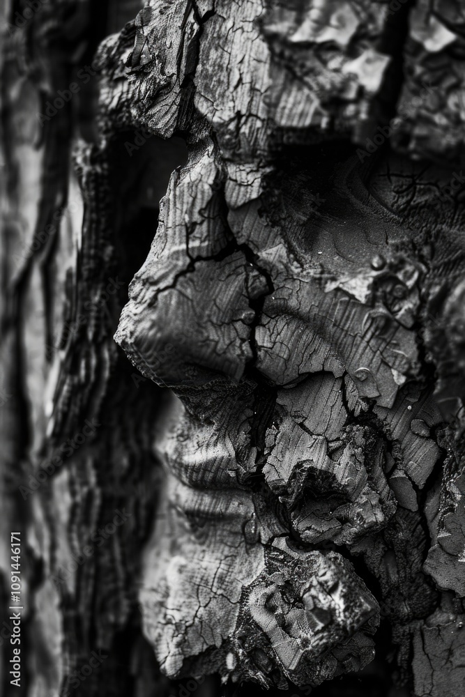 Poster a close-up shot of a tree trunk in monochrome