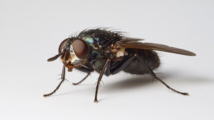 A detailed image of a fly resting on a clean white surface