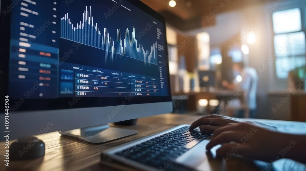 Poster a person is typing on a computer monitor that displays a graph of stock prices