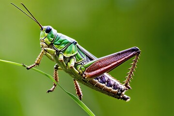 Fototapeta premium Grasshopper Jumping Isolated on a Green Background Close-Up Macro Insect Image