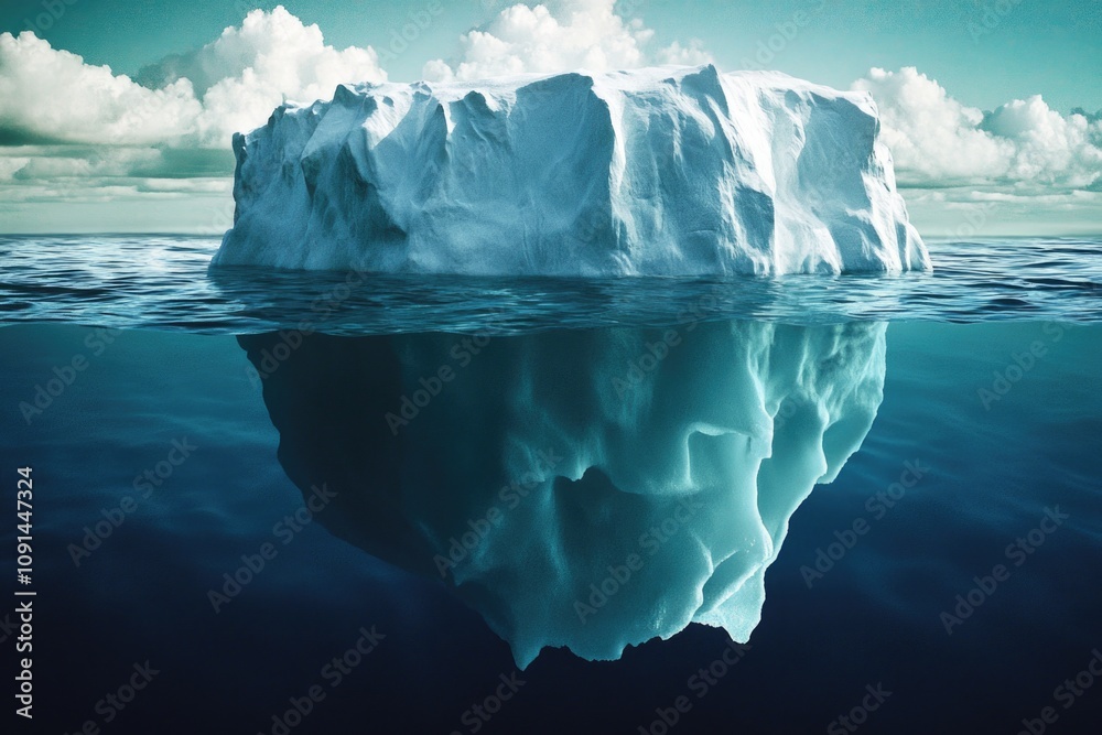 Poster A massive iceberg floating in the open sea, with waves crashing against its edges