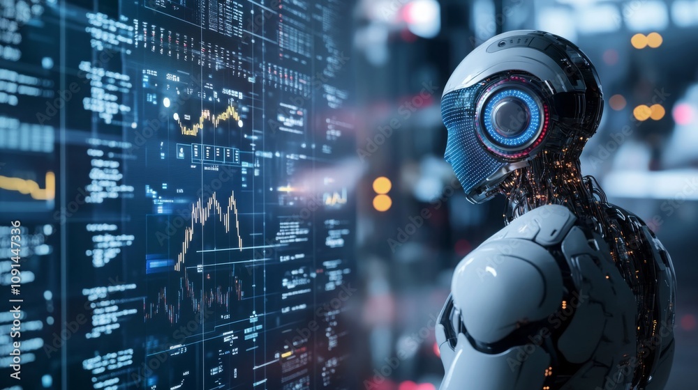 Aufkleber A humanoid robot observes fluctuating data on a large digital display. The sleek design and illuminated interface suggest a cutting-edge technology hub focused on data analysis and innovation.