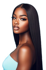 Vertical Portrait of Glamourous and Sensual Elegant Black Woman with Long Straightened Black Hair and Lashes Extensions in Studio, African American Beauty in Blue Top, No Background. 
