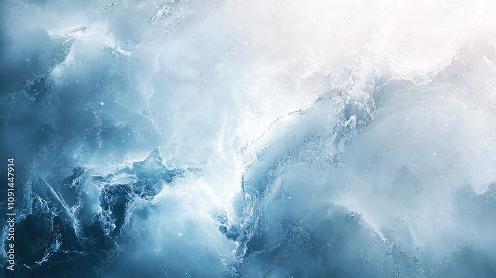Poster Abstract white marble texture featuring soft blue accents and a luminous bright light effect, creating an ethereal and serene background atmosphere.