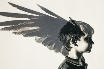 Fototapeta premium A young boy wearing a wing-shaped headpiece, perfect for fantasy or costume photography