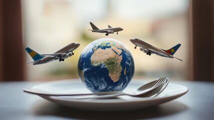 Fototapeta premium A fork and spoon holding tiny airplanes flying around a globe on the plate