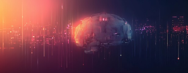 Obraz premium Digital brain connected to AI circuits, futuristic concept with ample negative space, soft gradient colors