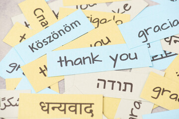 Thank you day, word thanks in different languages, being thankful, support, help and charity concept