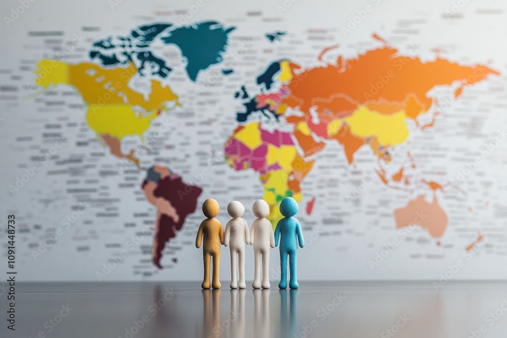 Poster people gathered around a globe discussing travel and exploration, great for presentation or report p