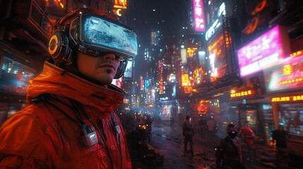 Fototapeta premium A futuristic scene featuring a person in VR gear amidst a neon-lit urban landscape.