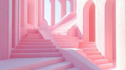 Fototapeta premium A whimsical architectural scene with pink stairs and arches, creating a surreal and dreamlike atmosphere.