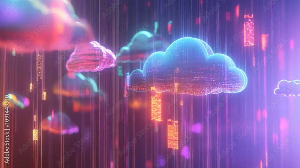 Poster In a vibrant digital environment, glowing clouds hover amid vertical data streams of neon colors, creating an abstract representation of technology and connectivity in a futuristic landscape.