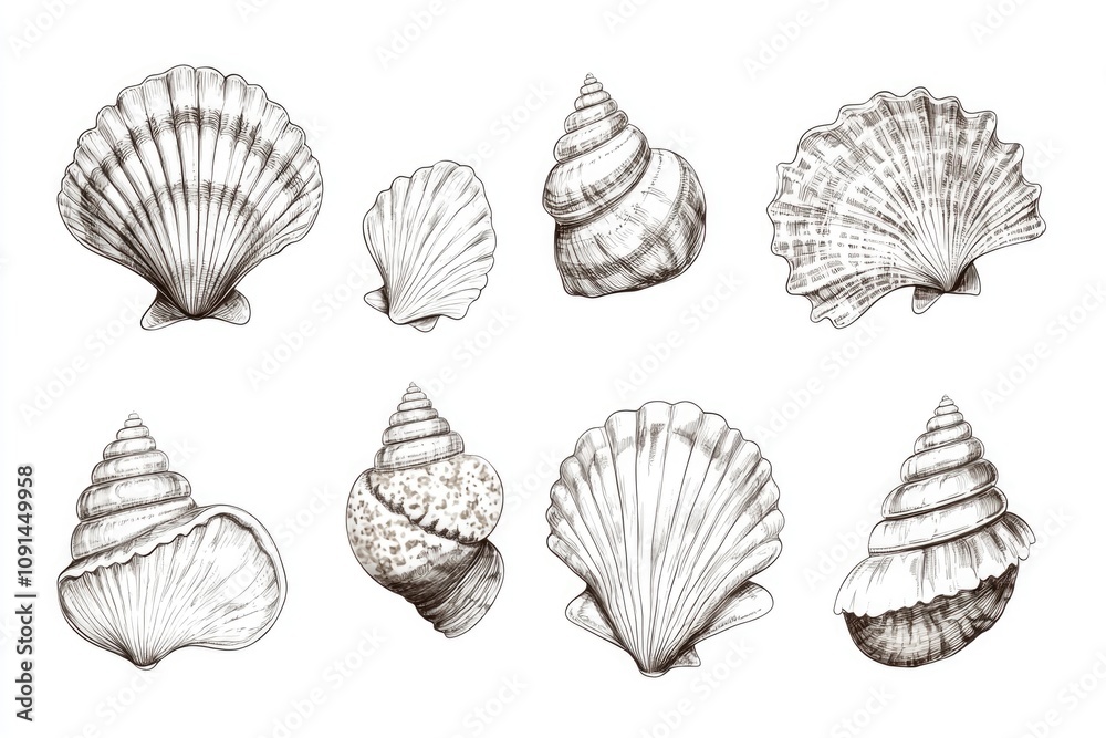 Poster close-up of colorful seashells arranged on a white surface, perfect for design and decoration projec