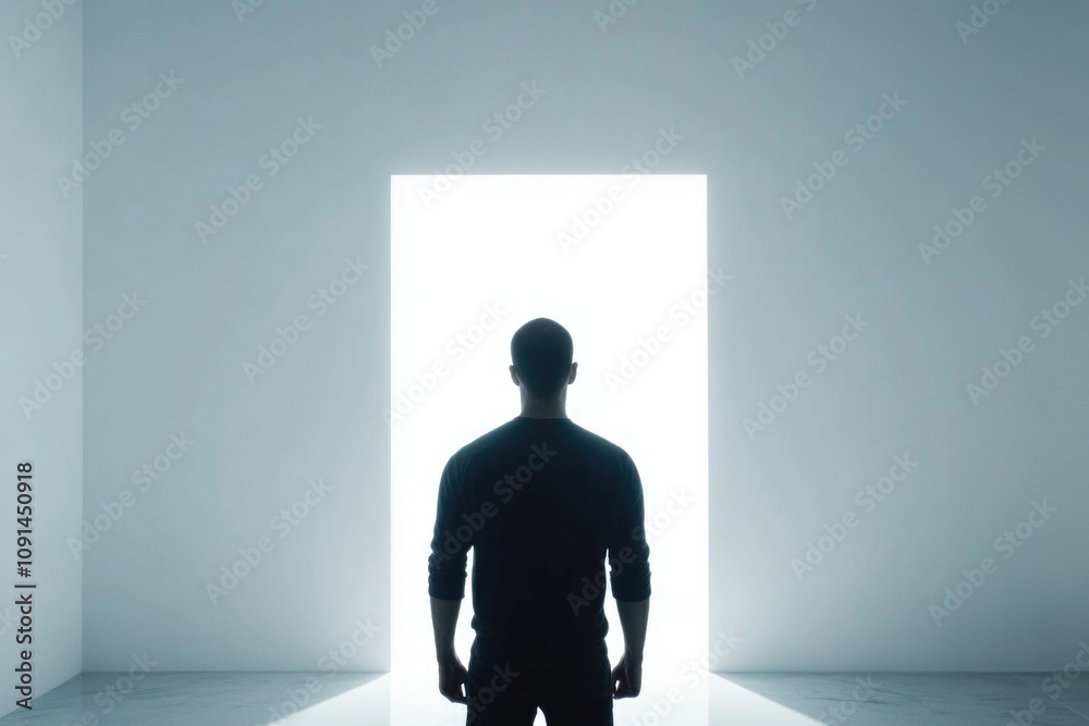 Leinwandbilder a person stands in front of an open door with uncertain expression