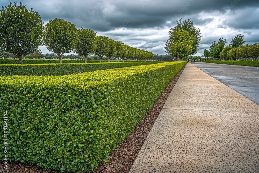 Poster A path lined with hedges, perfect for scenic views or rustic settings