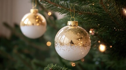 A detailed view of a Christmas decoration hanging from a tree branch