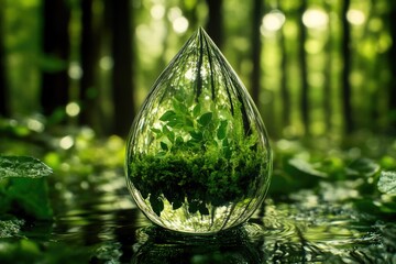 A single water droplet holding a small plant, ideal for use in educational or scientific contexts