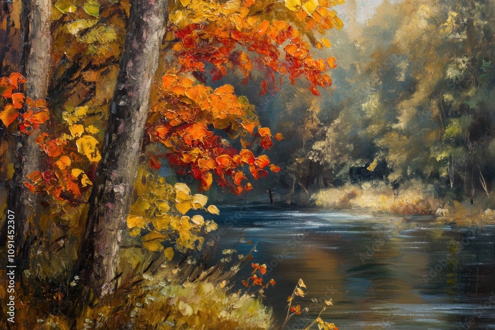 Poster a serene landscape with a river flowing through the center, flanked by tall trees on both sides