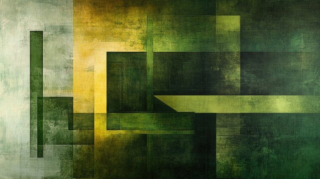 Geometric abstract design showcasing layered green rectangular shapes with hints of yellow, creating a harmonious and structured composition with a textured appearance.