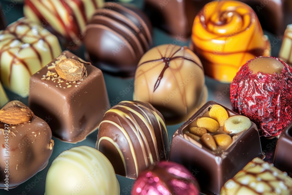 Poster a close-up shot of assorted chocolates, perfect for use in advertising or editorial content