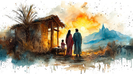 Fototapeta premium Watercolor illustration of the Holy Family in Bethlehem, with baby Jesus in the manger, surrounded by Mary and Joseph. A peaceful Christmas scene with space for a banner or text.