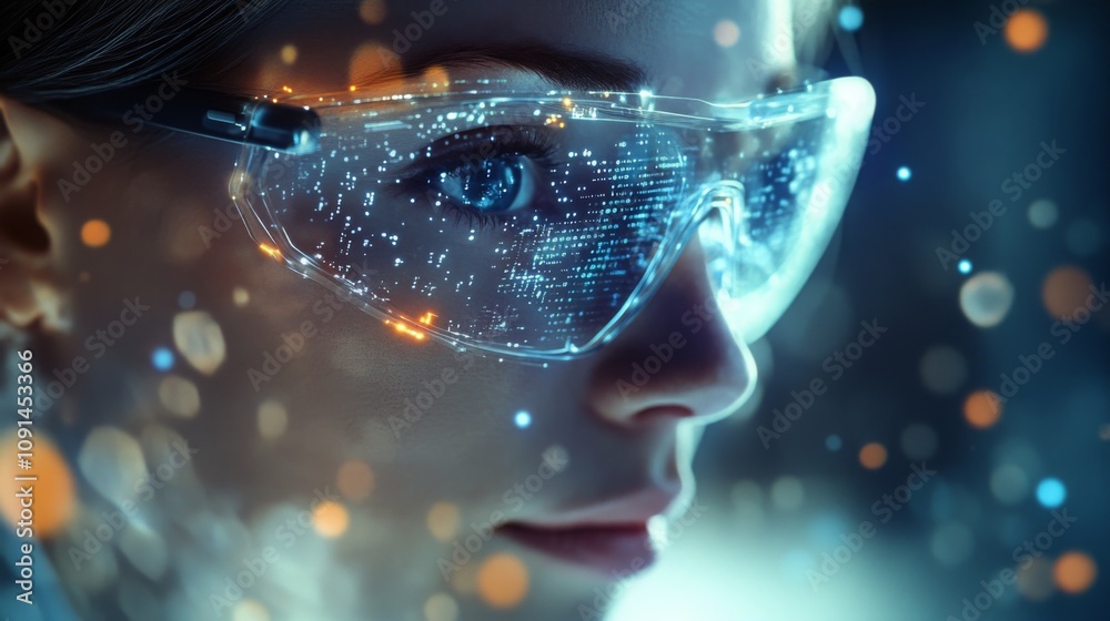 Poster A close-up profile view of a woman wearing transparent goggles displaying glowing digital information.