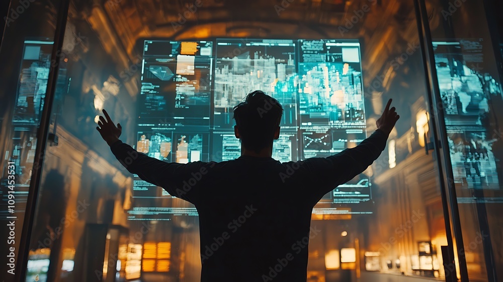 Poster silhouetted man interacting with a large interactive data display in an elegant setting