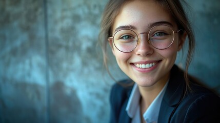 Obraz premium A professional woman dressed in business attire, wearing glasses and a blue blazer