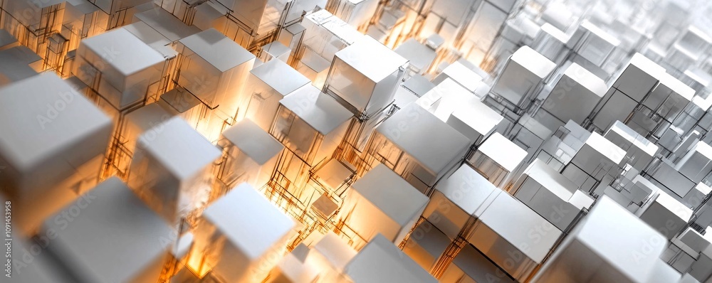 Poster Complex network of interconnected glowing cubes forming intricate structure