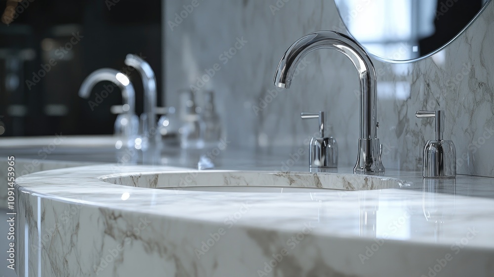 Poster a modern bathroom setup with two sinks and a large mirror