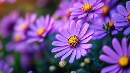 Obraz premium A cluster of vibrant purple flowers featuring bright yellow centers, perfect for illustrations or designs