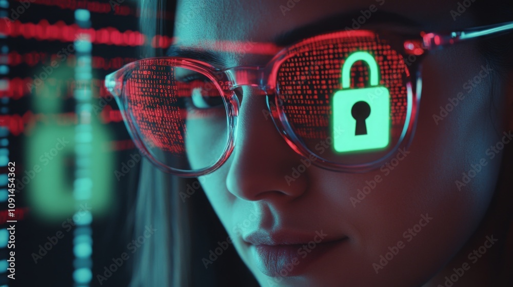 Poster Close-up view of a person wearing glasses reflecting a digital padlock and binary code, suggesting a late-night cybersecurity analysis session. The individual's expression is serious and focused.