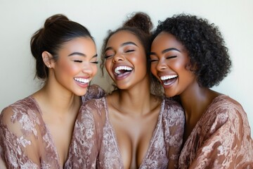 Happy women in matching lace pajamas smiling and laughing
