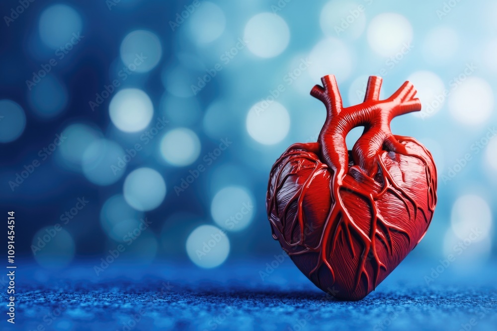 Poster A single red heart sits atop a blue surface, ready for use in various designs and projects